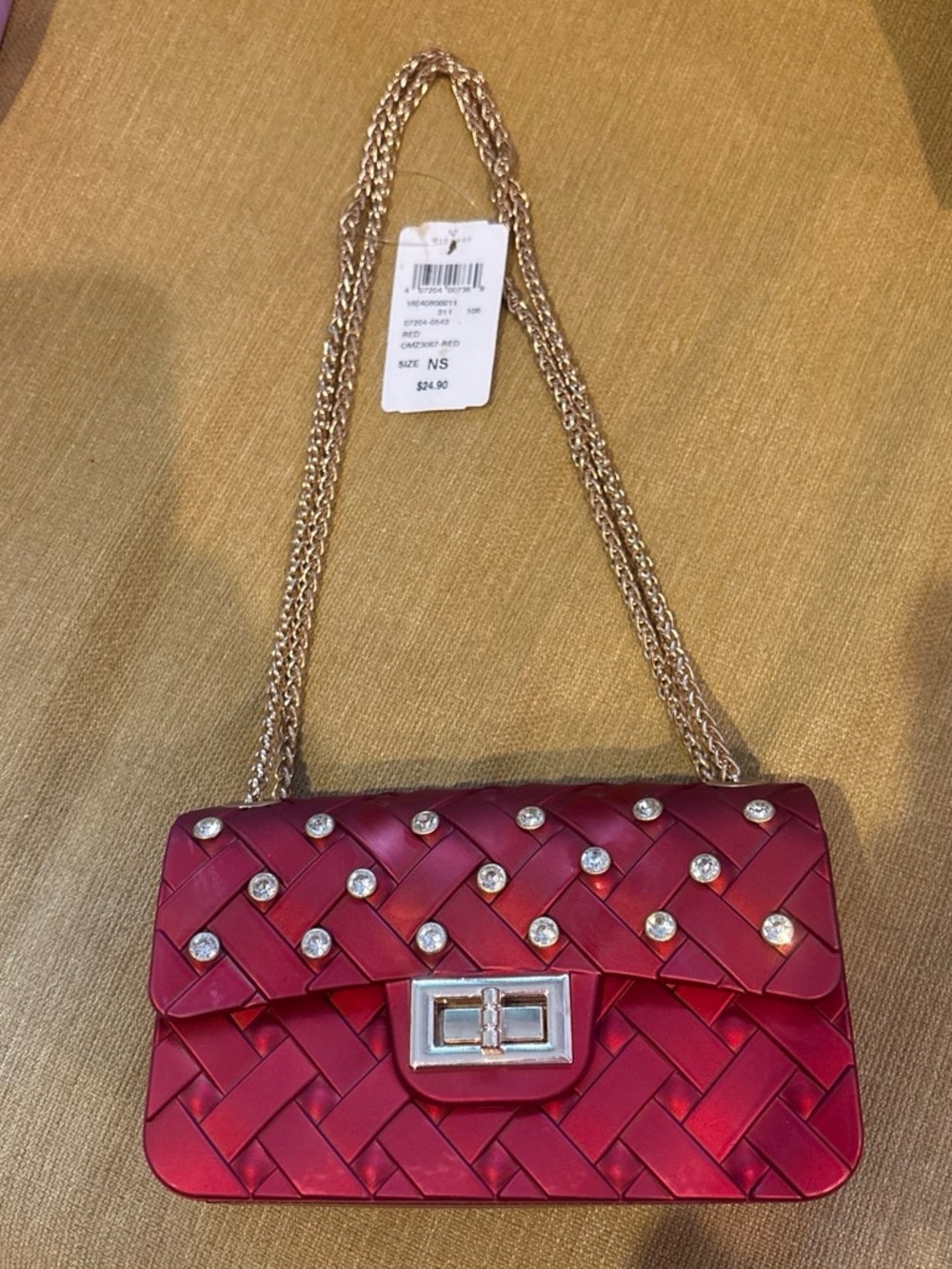 Windsor Red Woven Crossbody with Crystal Accents and Gold Chain